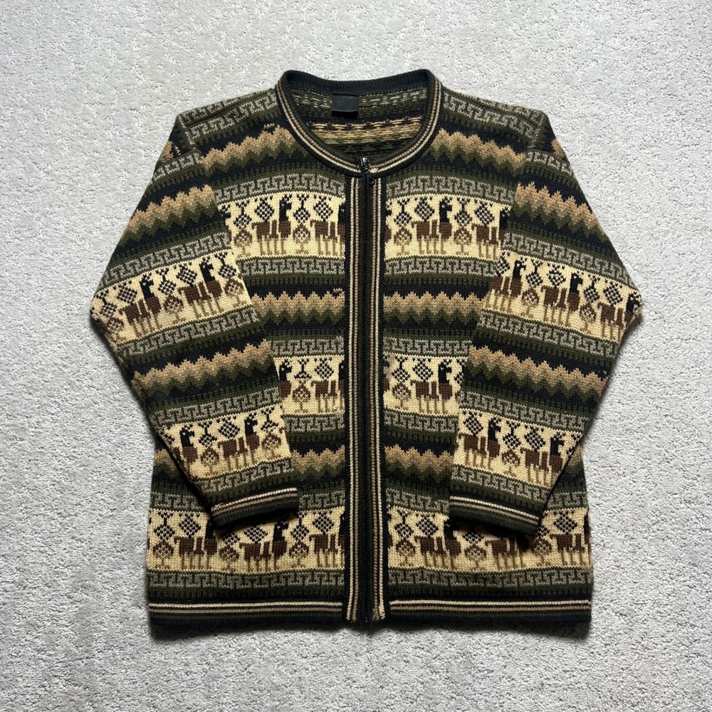 VINTAGE Artesania Cardigan Sweater Womens Large Green Brown Alpaca Wool Knit Zip